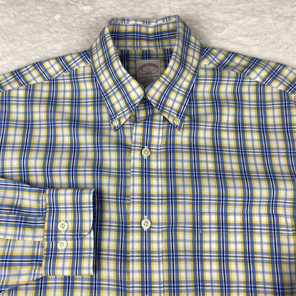 Brooks Brothers Shirt Mens Small Blue/Yellow Plaid No Iron 346